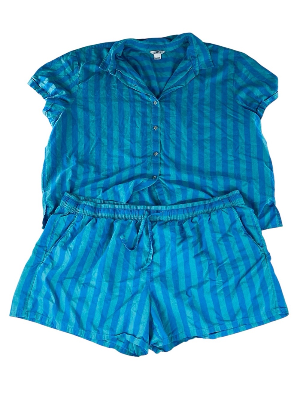 🐷 Eddie Bauer Button-Front Blue & Teal Striped Sleep Set, Size 2XL